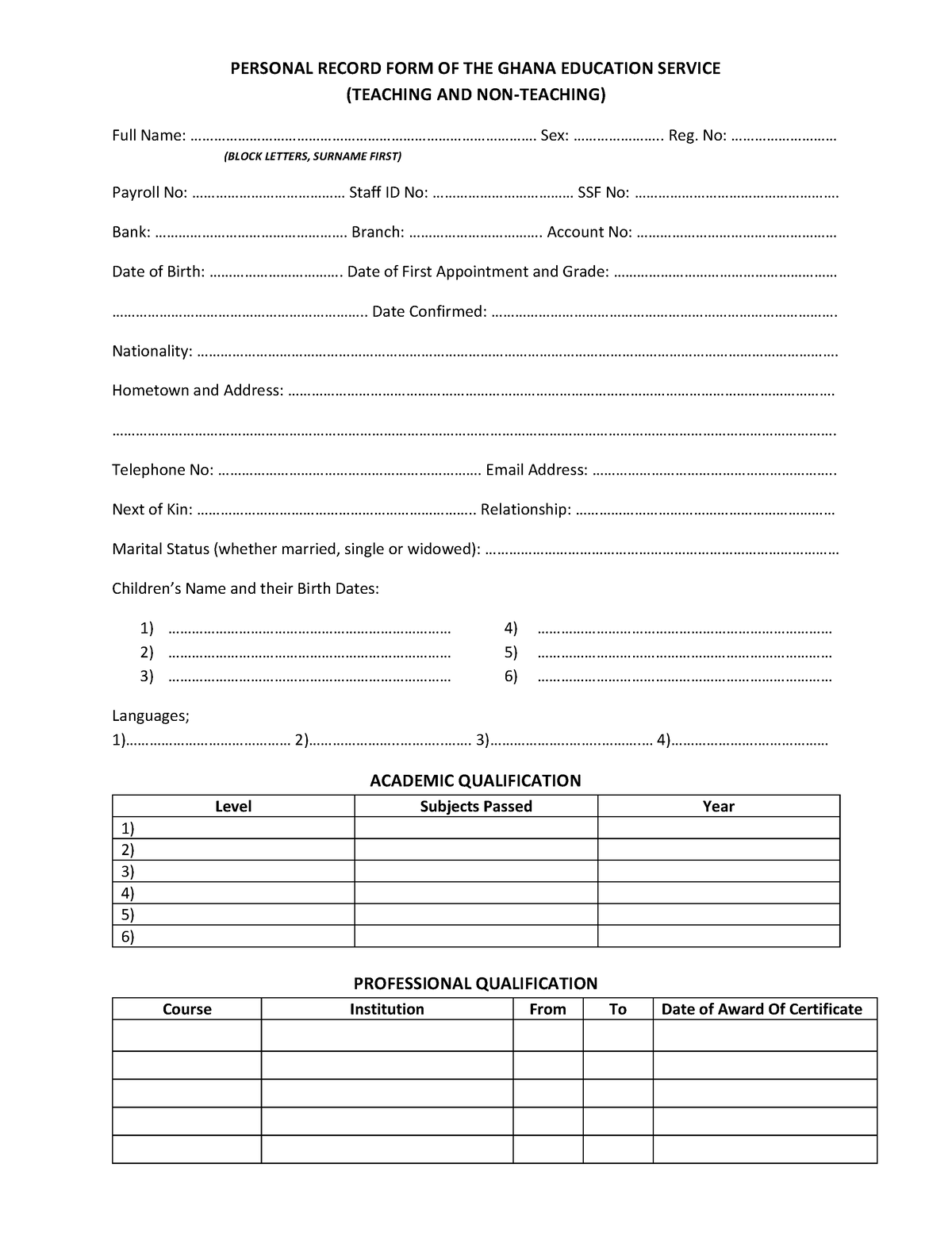 GES Personal Record Form